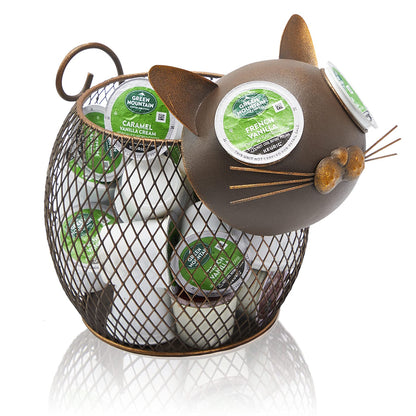 Aayla Cat K Cup Holder Metal Novelty Cat Coffee Pod Canister Large Capacity Basket Coffee Organizer for Kitchen Office and Coffee Bar