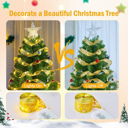 Minetom Christmas Tree Ribbon Lights - 33ft 100 LED Battery-Powered Fairy Lights | 8 Lighting Modes, Gold