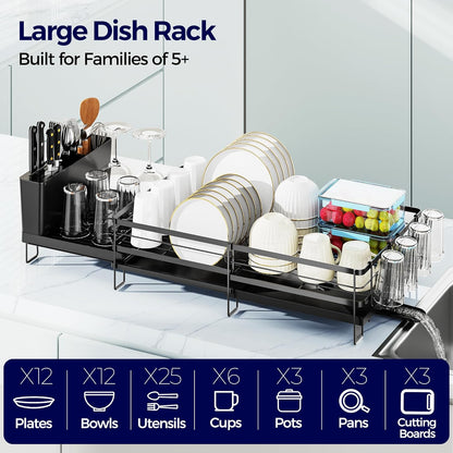 Skiennix Large Dish Drying Rack - Expandable Kitchen Counter Drainer with Utensil & Cup Holder | 13.4"-28.7" L x 11.8" W