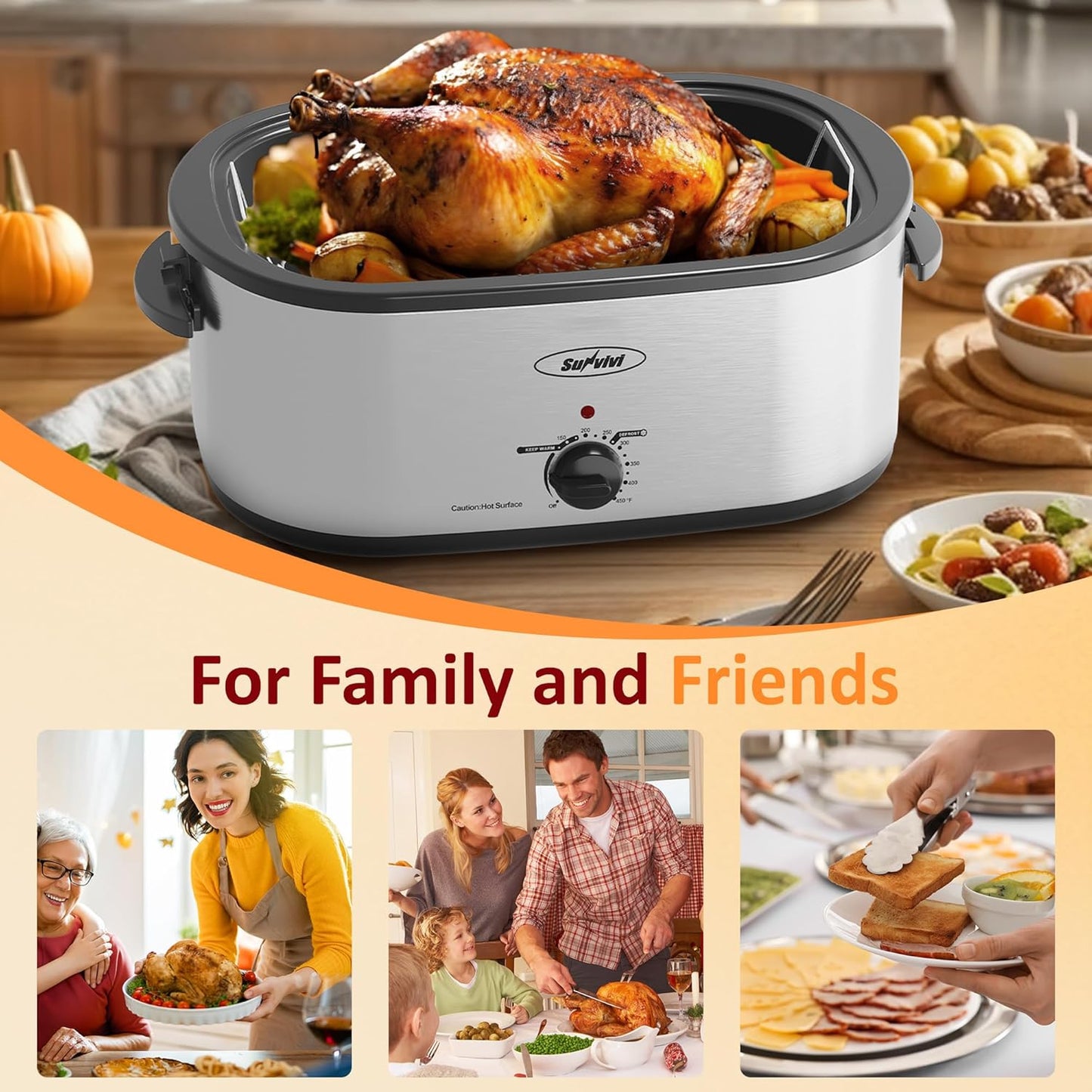 Sunvivi Electric Roaster Oven - 24 Quart Turkey Roaster with Self-Basting Lid & Removable Pan | Stainless Steel Silver