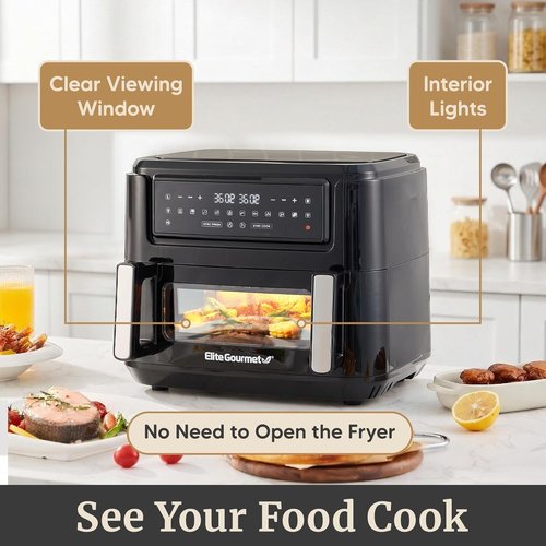 Elite Gourmet 11QT Dual Zone Air Fryer Oven - Sync Cook & Finish, PFAS Free Nonstick, 10 Presets, Black