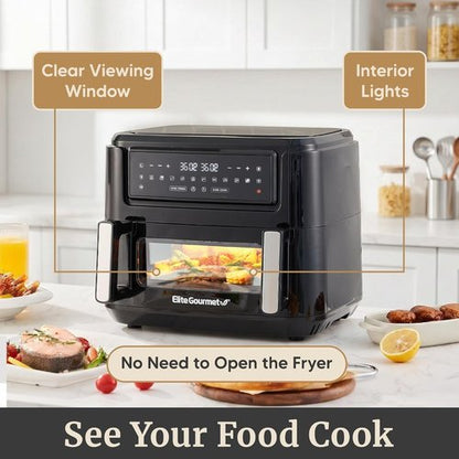 Elite Gourmet 11QT Dual Zone Air Fryer Oven - Sync Cook & Finish, PFAS Free Nonstick, 10 Presets, Black