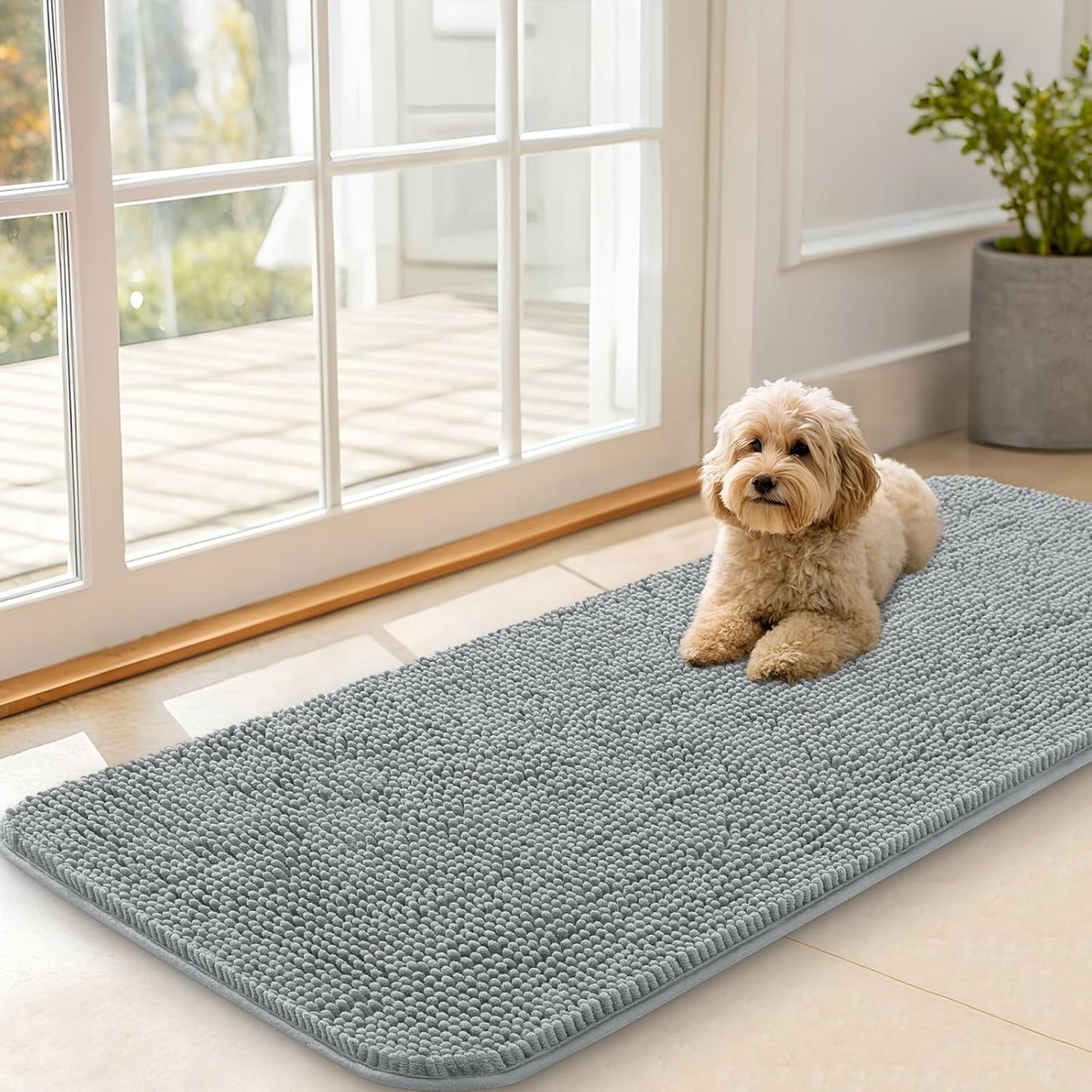 OLANLY Dog Door Mat - Absorbent Non-Slip Chenille Mat for Muddy Paws | 47x20 Inches, Quick Dry, Grey