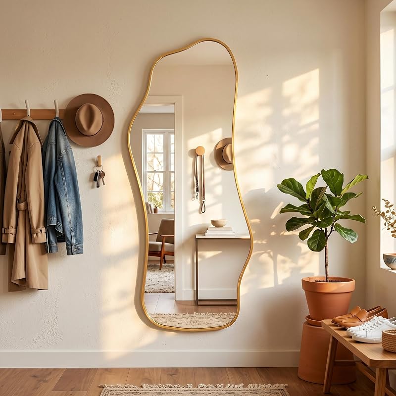 Irregular Full Length Floor Mirror 62.2" x 22.8" with Gold Frame – Wavy Modern Design, 1:1 Reflection