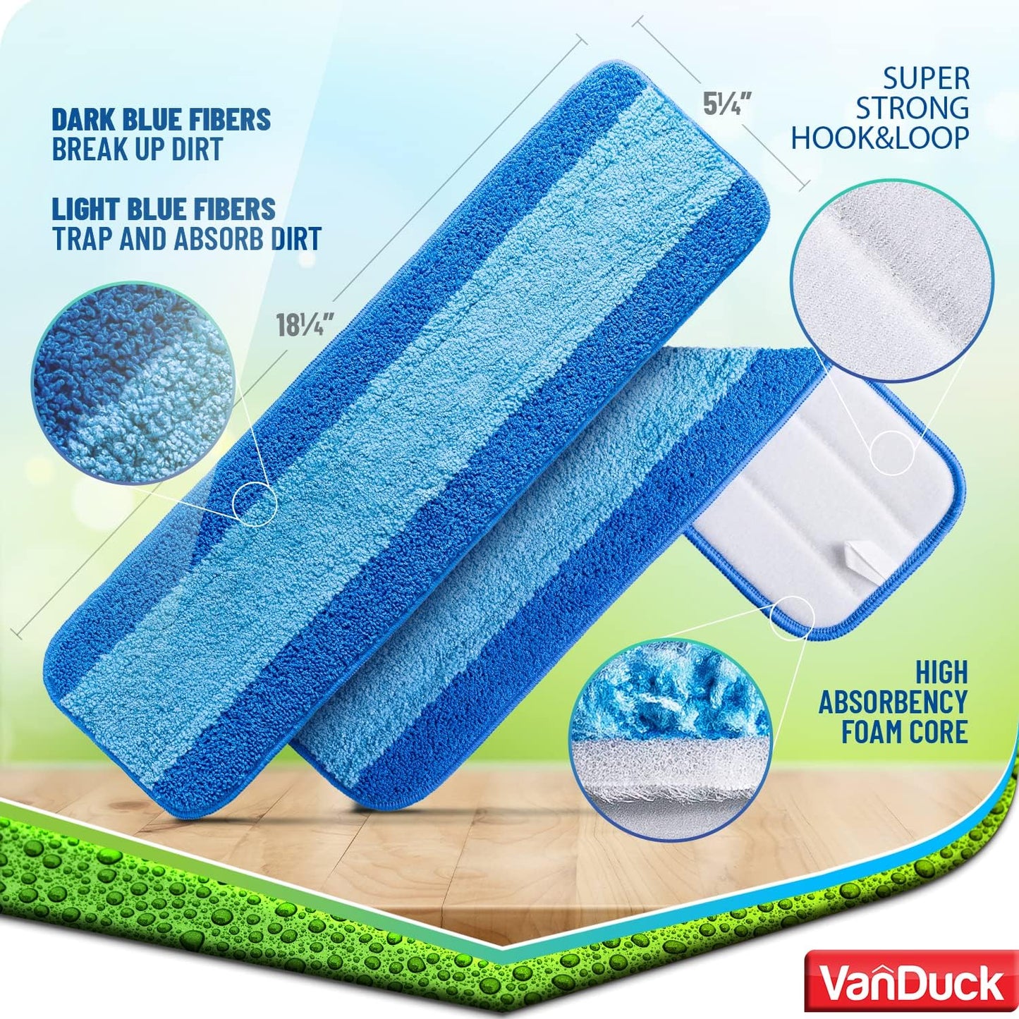 VanDuck Microfiber Mop Pads - 3 Pack Compatible with Bona Mop for 18-Inch Hardwood Floor Cleaning