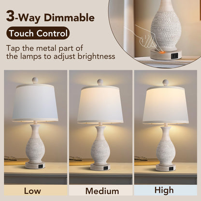 PARTPHONER Traditional Table Lamps Set of 2, Bedside Touch Lamp with USB C+A Charging Ports, Rustic Farmhouse Table Lamps for Living Room Bedroom, Side Table Lamp with White Fabric Shade, Antique Grey