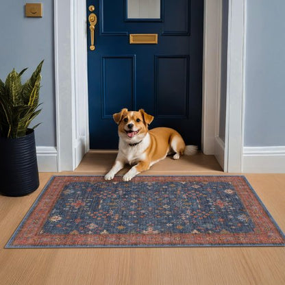 Large 3x5 Kitchen Rug Non Slip Machine Washable, Throw Rugs for Entryway Indoor, Floor Mat, Home Office Under Chair - Stain Resistant Non Skid Rubber Backing, Tribal Farmhouse Décor (3x5 Navy Blue)