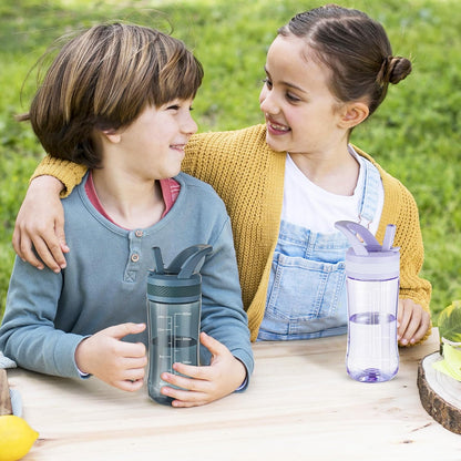 Skiennix Kids Clear Water Bottle - 14oz Leakproof Tritan Design with Flip Straw & Carry Handle - Dark Blue