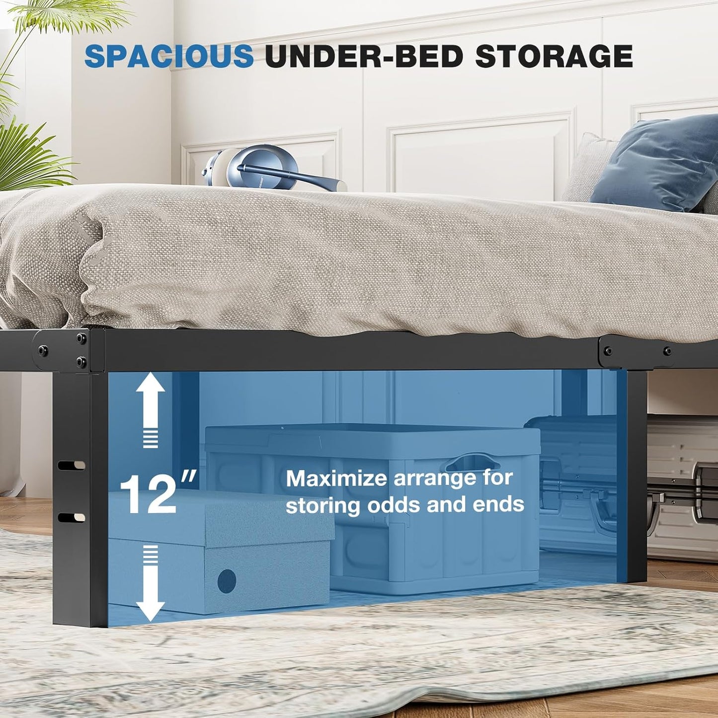 OLIXIS Metal Twin Bed Frame - 14-Inch High with Storage Space | Sturdy Steel Slat Support, 800LBS Capacity, Black