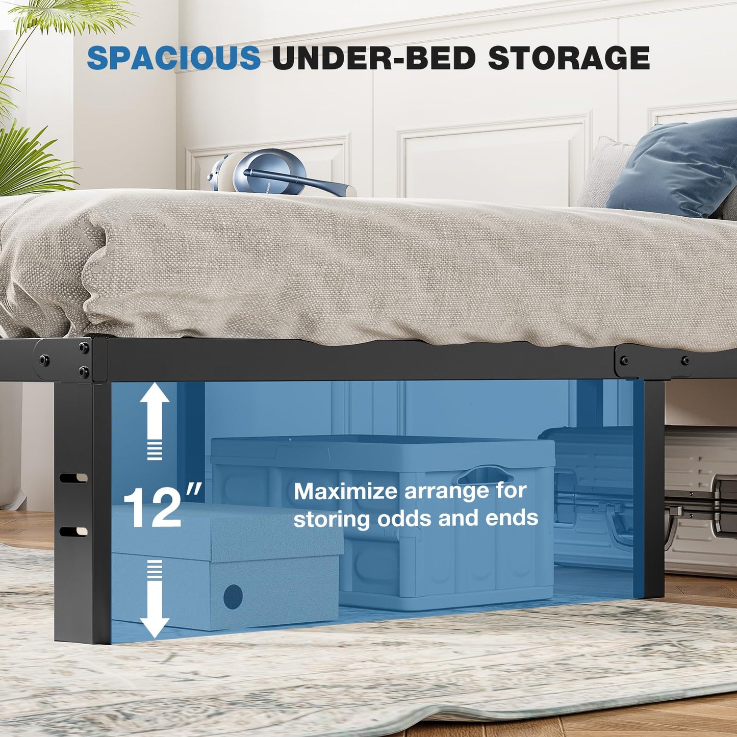 OLIXIS Metal Twin Bed Frame - 14in High with Storage Space, No Box Spring Needed with Sturdy Steel Slat Support, 800LBS Heavy Duty for Easy Assembly, Black for Bedroom