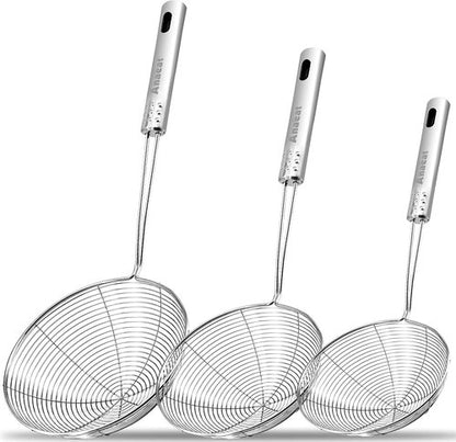 Anaeat Stainless Steel Spider Skimmer - Set of 3 Professional Kitchen Strainers with Long Handles (4.5", 5.3", 6.1")