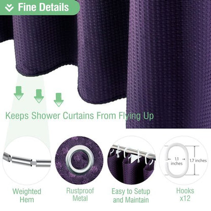 Dynamene Extra Long Shower Curtain,96 Inch Long Waffle Weave Heavy Duty Thick Fabric Bathroom Shower Curtain, Neutral Weighted Hotel Bath Curtain Set with 12 Plastic Hooks,72x96,Purple