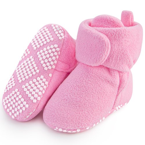 Pro Goleem Fleece Baby Booties, Warm Cozy Baby Slippers, Stay On Sock Shoes, Easy to Put on, Unisex Baby Gifts, Soft Non-Slip Adjustable Newborn Boots for Boys and Girls 6-12 Months, Pink