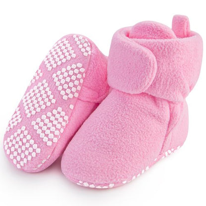 Pro Goleem Fleece Baby Booties, Warm Cozy Baby Slippers, Stay On Sock Shoes, Easy to Put on, Unisex Baby Gifts, Soft Non-Slip Adjustable Newborn Boots for Boys and Girls 6-12 Months, Pink
