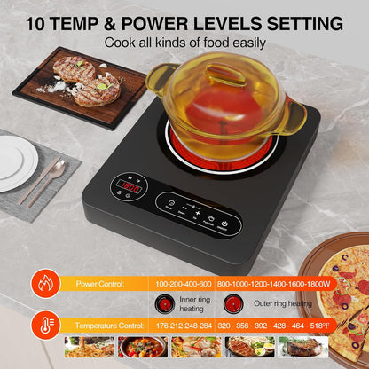 Skiennix Single Burner Electric Cooktop - 1800W Portable Stove with LED Touch Control & Safety Features