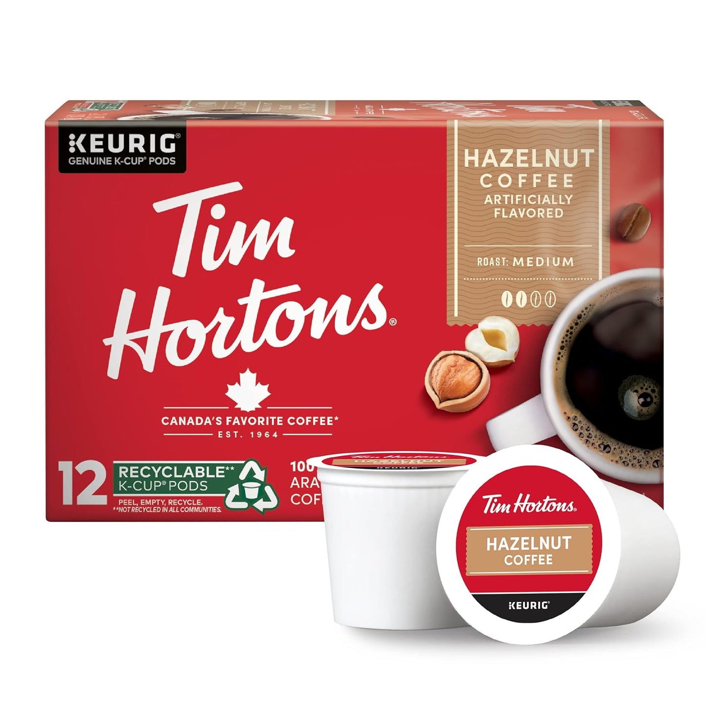 Tim Hortons Hazelnut Coffee K-Cup Pods - Medium Roast, 12ct Compatible with Keurig Brewers