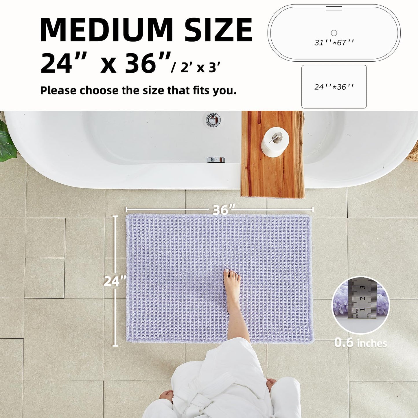 TYUU Waffle Bath Mat, Boho Bathroom Rugs Non Slip Washable Super Absorbent Quick Dry Cute Bath Mat Farmhouse Bathroom Decor, 36''x24'' Lavender Cream