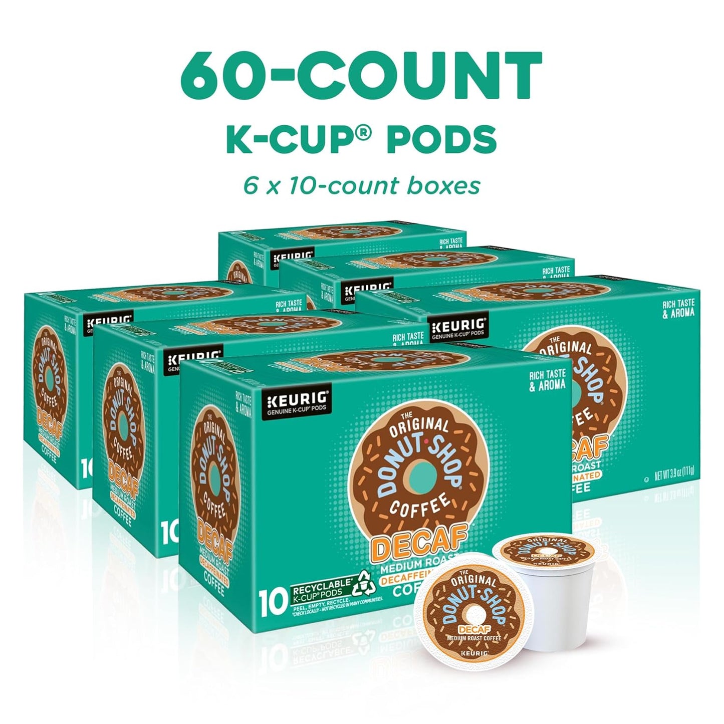 Original Donut Shop Decaf K-Cup Pods - Medium Roast Coffee, 60 Count (6 Packs of 10)