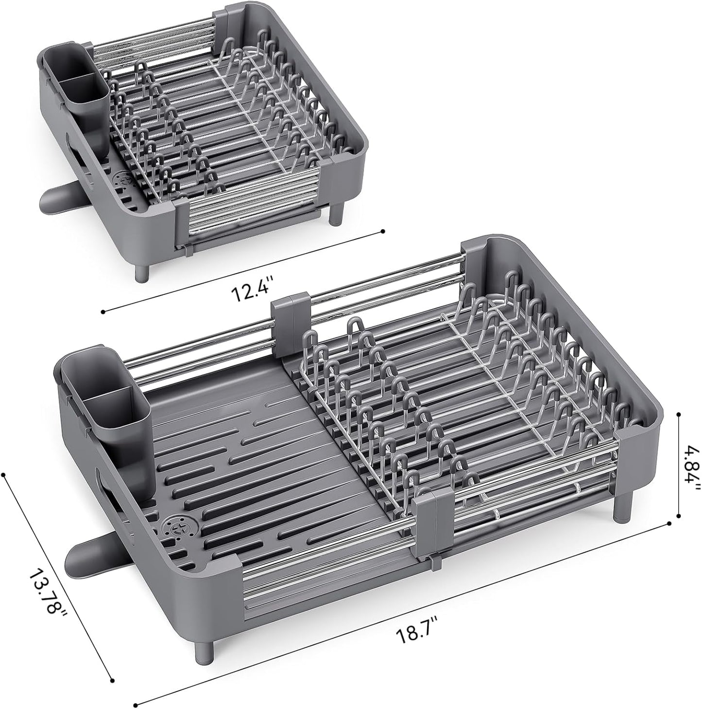 Skiennix Stainless Steel Dish Drying Rack - Space-Saving Kitchen Organizer with Extendable Drainboard & Foldable Design, Gray