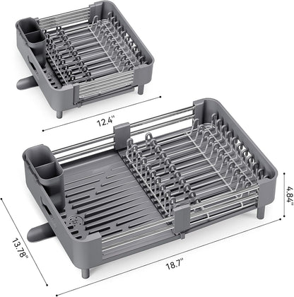 Skiennix Stainless Steel Dish Drying Rack - Space-Saving Kitchen Organizer with Extendable Drainboard & Foldable Design, Gray