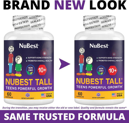 NuBest Tall 10+ Premium Bone Strength Formula, Enhanced Immunity and Overall Health for Age 10+ with Calcium, Vitamin D3, Vitamin K2, and Multivitamins | 60 Capsules | 1 Month Supply