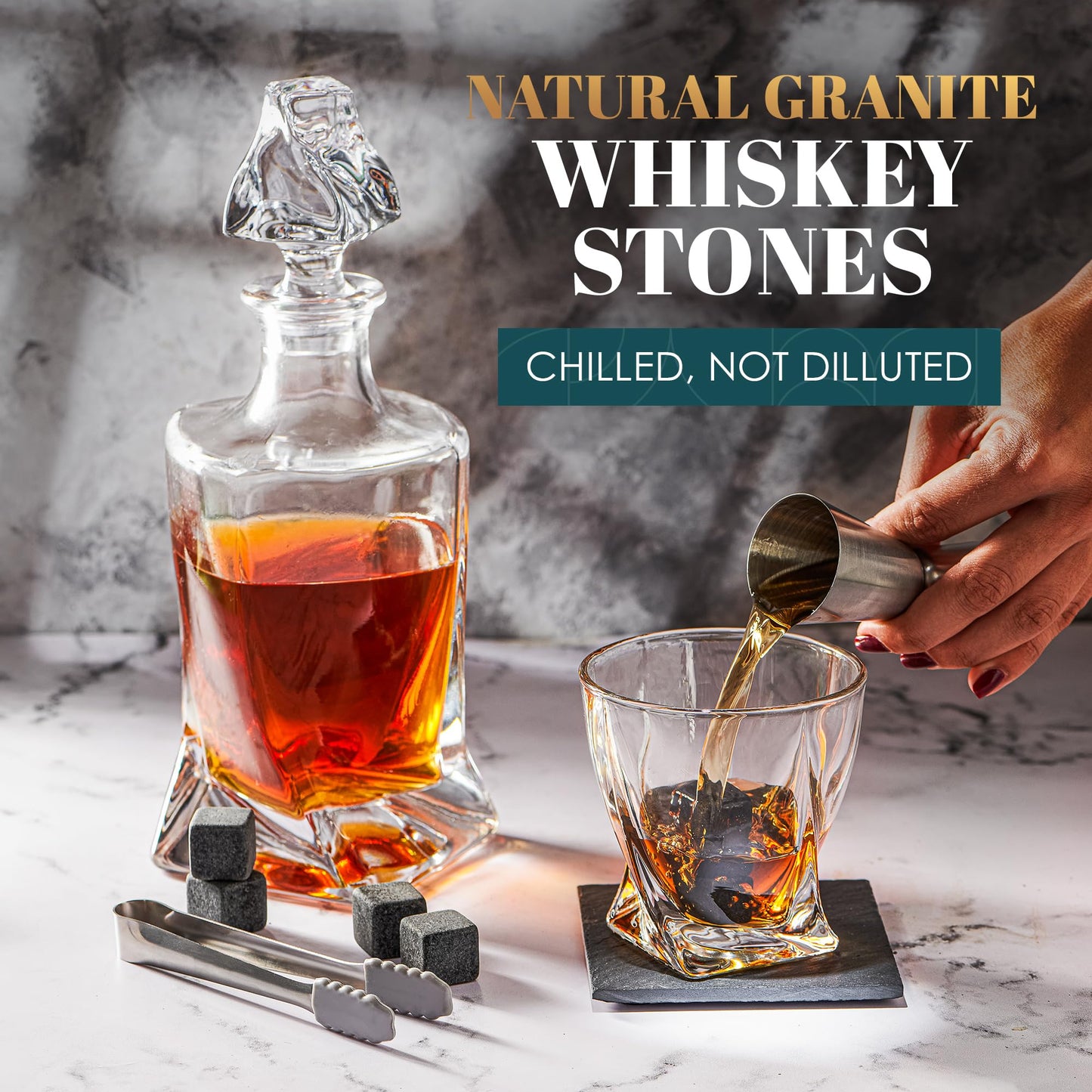 Whiskey Decanter Set by Royal Reserve – Whiskey Gift Set - Twisted Bourbon Decanter 34 oz 1000 ml with Glasses, Whiskey Stones, Coasters, Tongs – Whiskey Gifts for Men, Husband, Dad Christmas