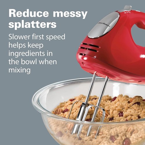 Hamilton Beach 6-Speed Electric Hand Mixer - Whisk, Beaters & Dough Hooks - Red, 275 Watts