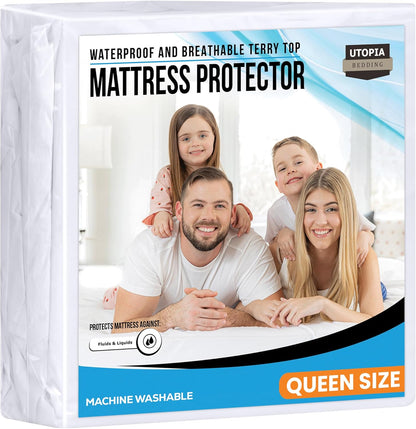 Utopia Bedding Queen Size Waterproof Mattress Protector - Premium 200 GSM Terry Cover | Soft & Breathable with Deep Pockets (White)