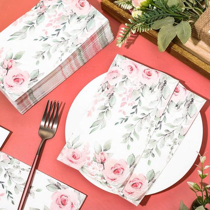 FYSUIMU Floral Guest Napkins - 100 Pcs Greenery Design with Spring Roses & Eucalyptus | Disposable Paper Towels for Weddings & Parties