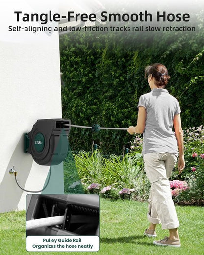 AYURA Retractable Garden Hose Reel - 100 ft x 1/2 Inch, Heavy Duty with Kink-Free Rewind & Locking Feature