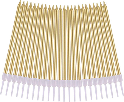 PHD CAKE Gold Long Thin Metallic Birthday Candles - Perfect for Parties & Weddings | Elegant Cake Decor