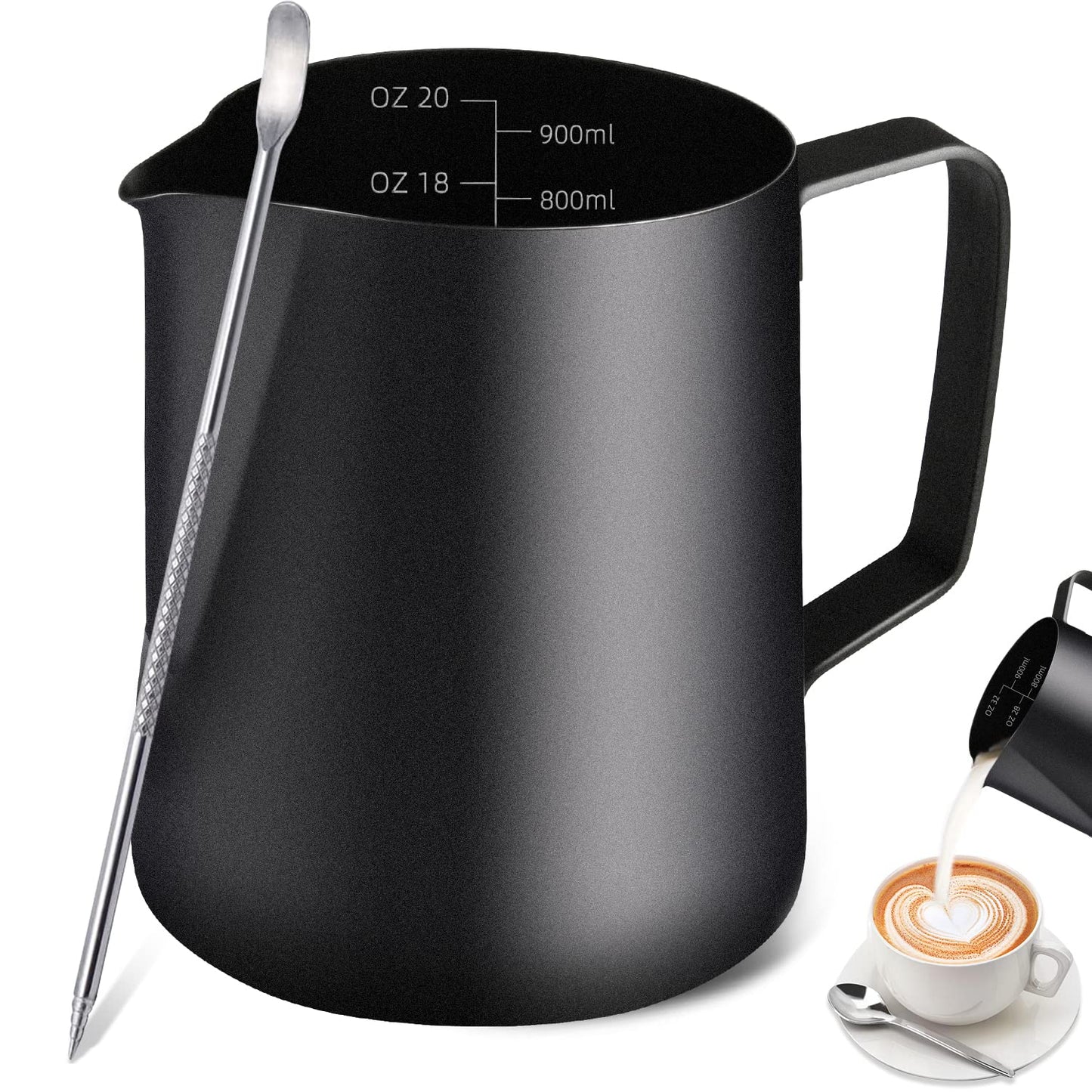 Milk Frothing Pitcher, Stainless Steel Espresso Steaming Pitcher 320Z/900ML Coffee Milk Frother Cup with Decorating Art Pen for Espresso Machine, Milk Frother, Latte Art Black