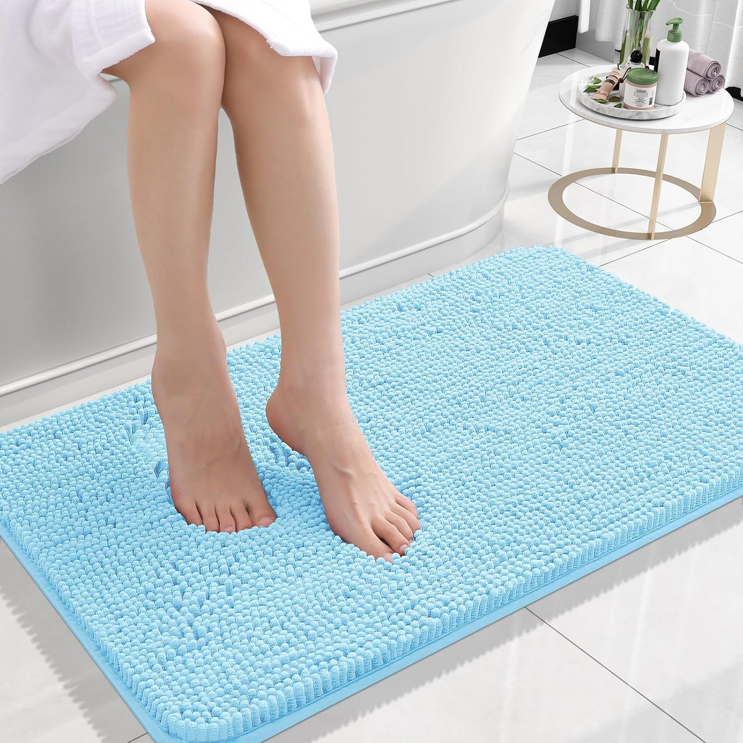 OLANLY Small Bathroom Rugs - Extra Soft Chenille Bath Mats | Quick Dry, Machine Washable, 24x16, Sky Blue