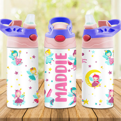 Personalized Kids Water Bottle | 12 Oz Double Wall Insulated Stainless Steel Tumbler | Custom Name Leak-Proof Cup with Straw | Back to School Gift for Toddlers, Children, Boys, Girls | Fairy