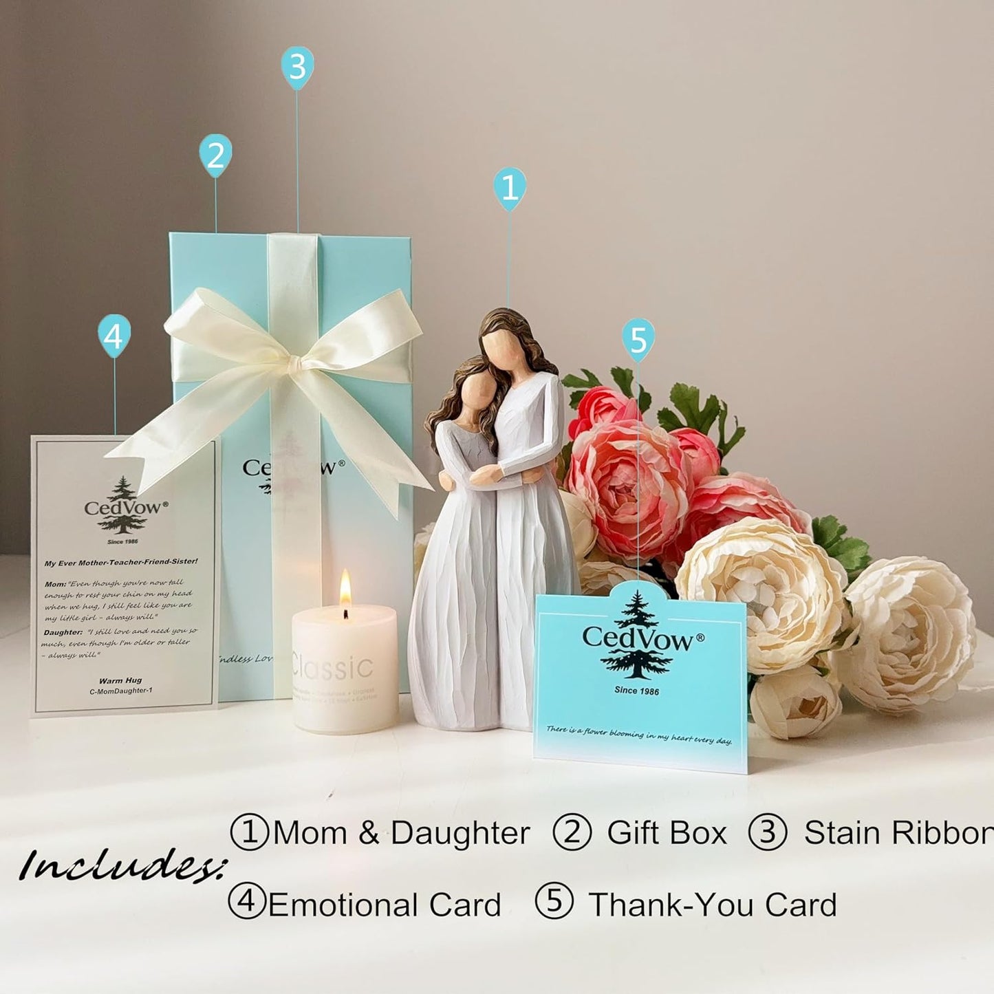 Skiennix Warm Hug Mother's Day Figurine - Solid Resin Mother & Daughter Statue | 7.7'' Luxury Gift Box with Ribbon & Card