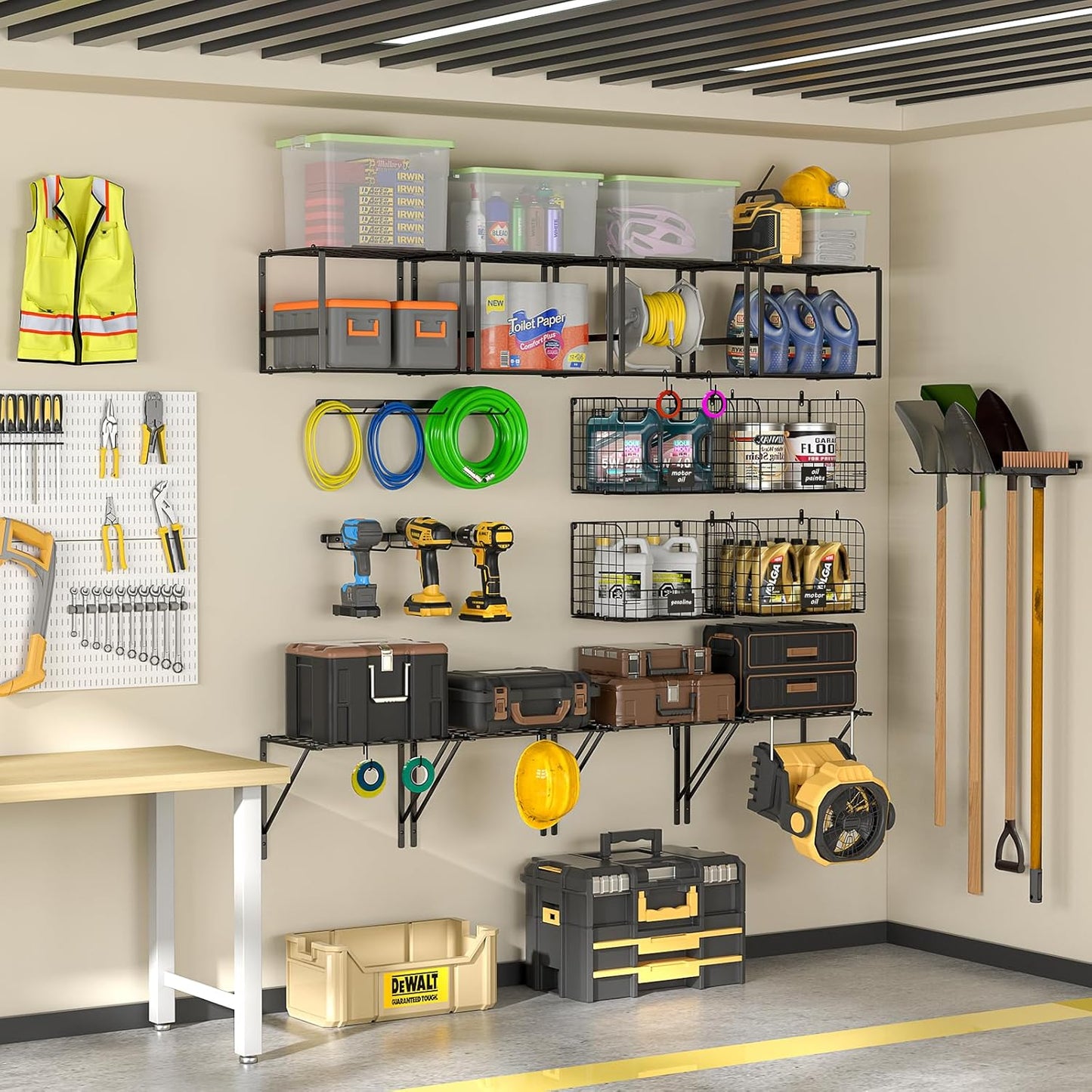 ThreeHio Garage Shelf - Heavy Duty Wall Mounted Storage with Wire Baskets & Tool Rack | Organizer for Home & Garden