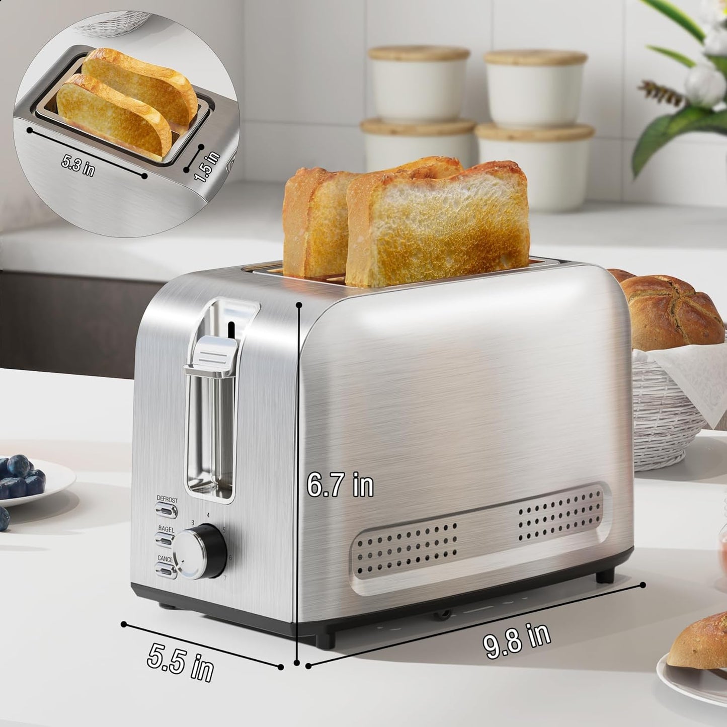 Runnatal 2-Slice Stainless Steel Toaster - Multifunctional with 7 Settings, Defrost & Bagel Functions | Easy to Clean, 120V 800W Silver