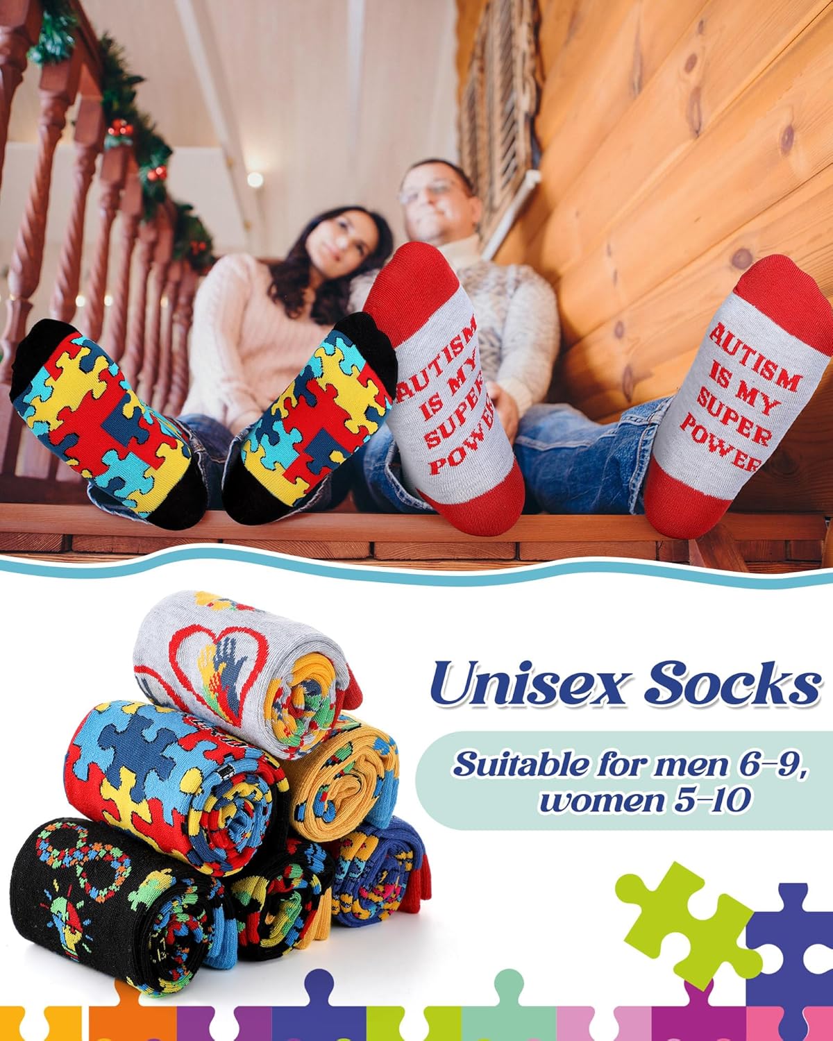 Skiennix Autism Awareness Socks - 12 Pairs Colorful Graphic Designs for Men & Women | Perfect Gift