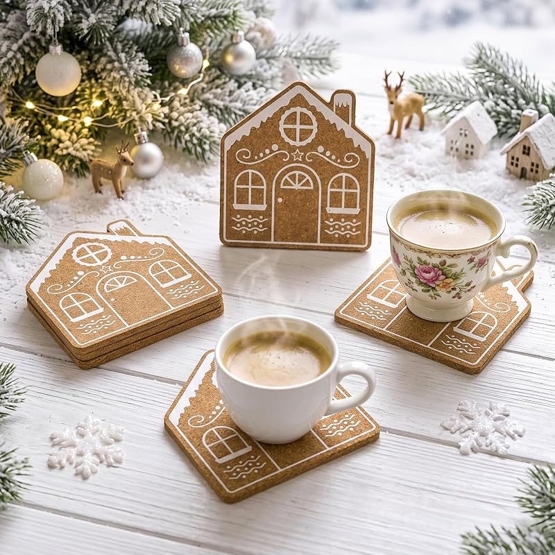 Dingion Absorbent Coasters with Cork Base - Gingerbread House (12 Pcs) Variation of THIS listing