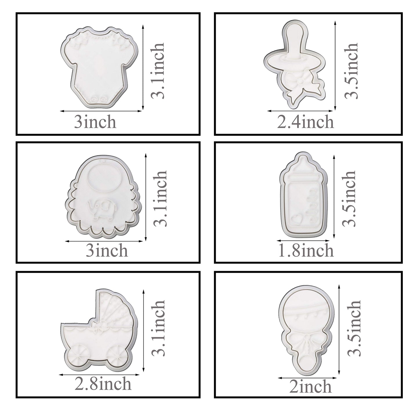 Baby Shower Cookie Cutter Set 6 Piece 3D Stampers Molds DIY Fondant Decorating for Kids' Birthday Party Kitchen Tools, Making Onesies Bib Baby Bottle Carriage Pacifier Baby Rattle