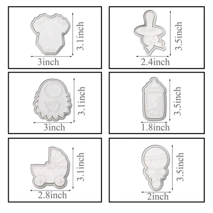 Baby Shower Cookie Cutter Set 6 Piece 3D Stampers Molds DIY Fondant Decorating for Kids' Birthday Party Kitchen Tools, Making Onesies Bib Baby Bottle Carriage Pacifier Baby Rattle