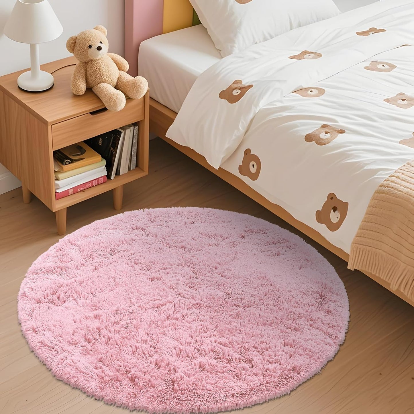 OLANLY Pink Round Rug - Soft, Fluffy Shaggy Carpet | 3 ft Machine Washable Area Rug for Bedroom & Nursery