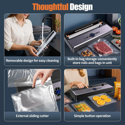 Skiennix Food Vacuum Sealer - 85KPA Strong Suction, Automatic Seal in 10-20 Secs, Includes 10 Bags & Roll
