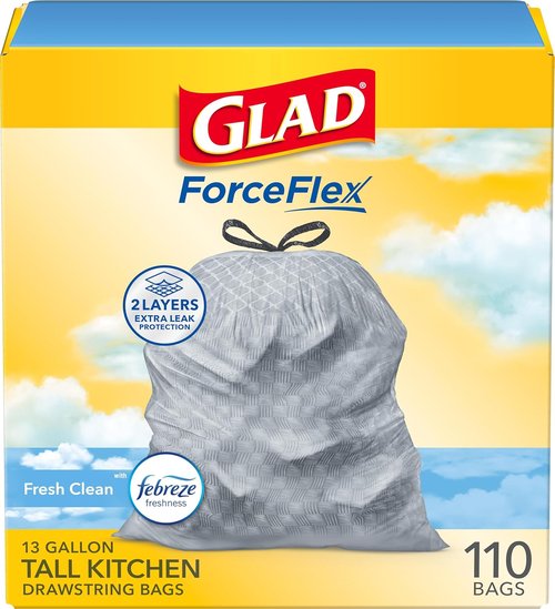 Glad Tall Kitchen Drawstring Trash Bags - Odorshield 13 Gallon with Febreze Fresh Clean, 110 Count