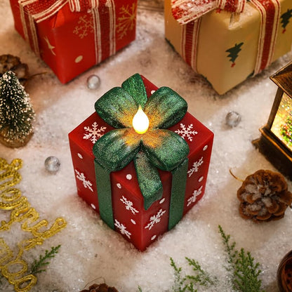 Christmas Flameless Gift Box Candle with Remote Timer - Hand-Painted Real Wax, Red