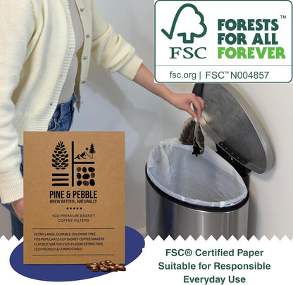Pine & Pebble® 12-Cup Coffee Filters - 500 Count | Tall-Walled Basket Style (9.84" x 4.33") | No Grounds, No Mess | Perfect for BUNN & Standard Coffee Makers