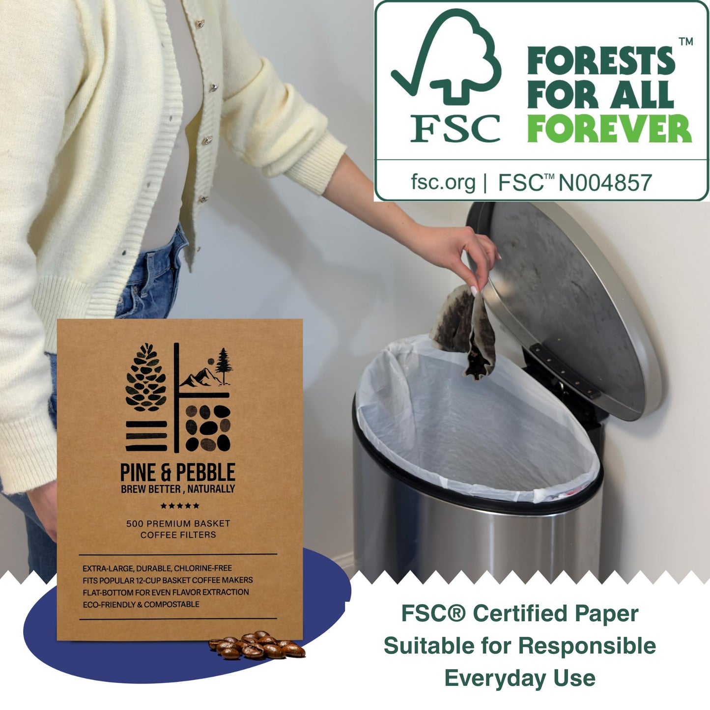 Pine & Pebble® 12-Cup Large Commercial Coffee Filters, 500 Count | Tall-Walled Basket Style (9.84" x 4.33") | No Grounds, No Mess | Fits BUNN & Standard Coffee Makers | Bulk for Cafés & Offices