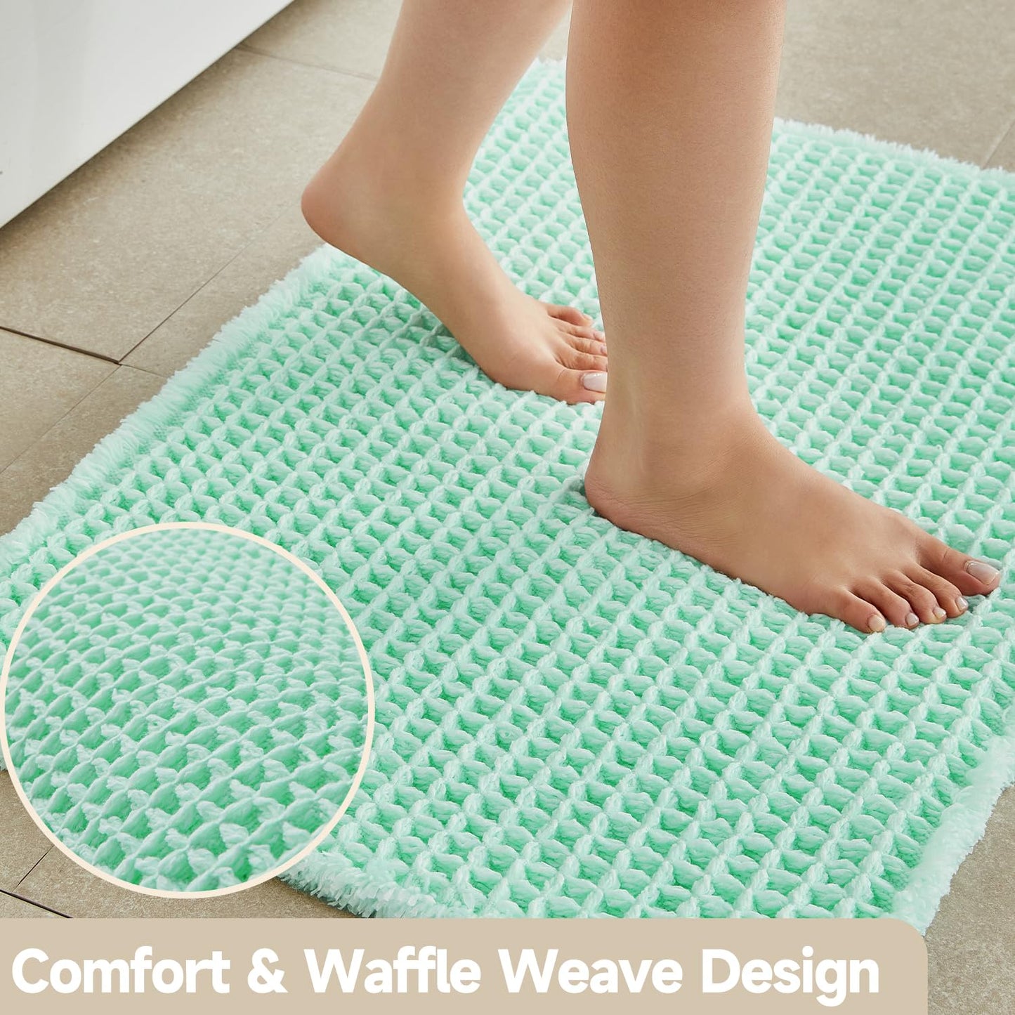 TYUU Waffle Bath Mat, Boho Bathroom Rugs Non Slip Washable Super Absorbent Quick Dry Cute Bath Mat Farmhouse Bathroom Decor, 48"x24" Aqua Blue