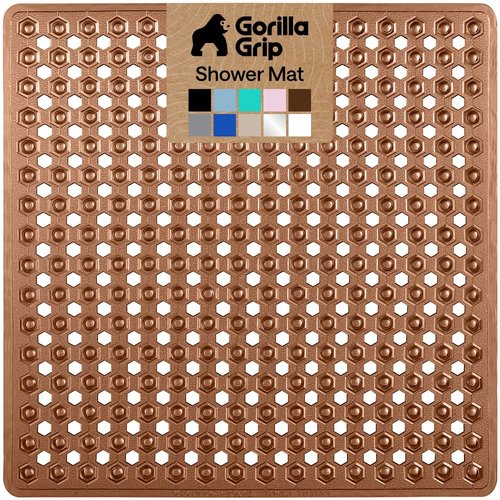 GORILLA GRIP Patented Square Shower Stall Mat, Small Bathtub Floor Mats for Stand Up Showers with Suction Cups and Drainage Holes, Machine Wash, Soft on Feet, Bathroom Accessories 21x21 Inch, Brown