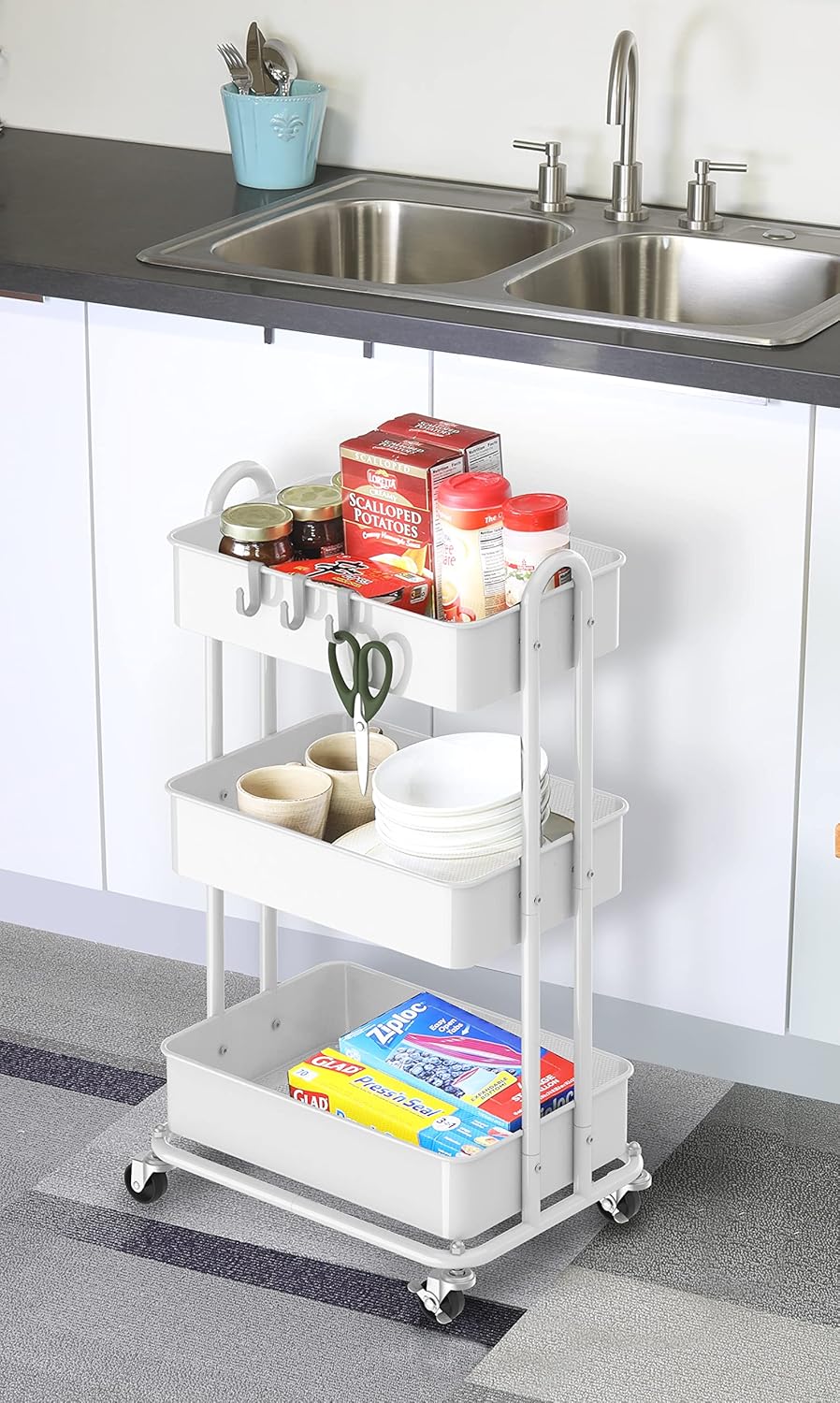 Simple Houseware 3-Tier Heavy-Duty Metal Utility Rolling Cart - Versatile Storage Solution in White